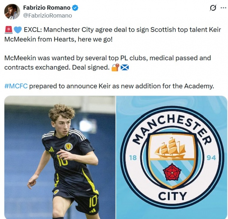 开云下载-Here we go！罗马诺：曼城即将签下苏格兰天才球员基尔·麦克米金